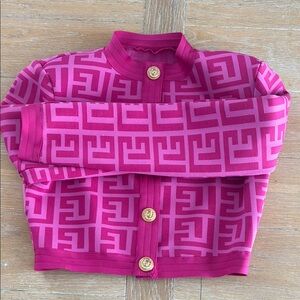 Pink Geometric Patterned Jacket with Gold Buttons